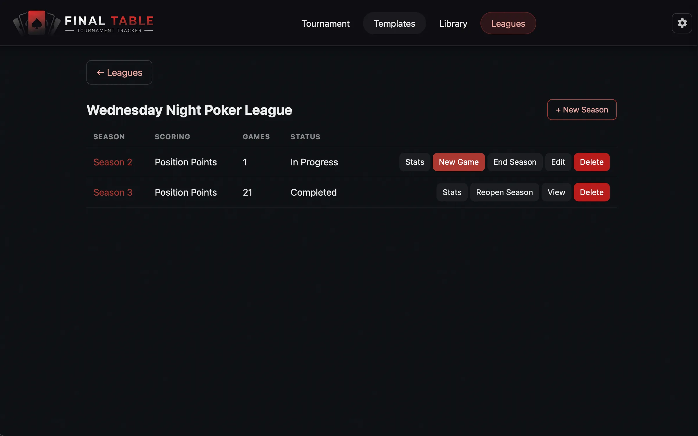 League Seasons Home Screen