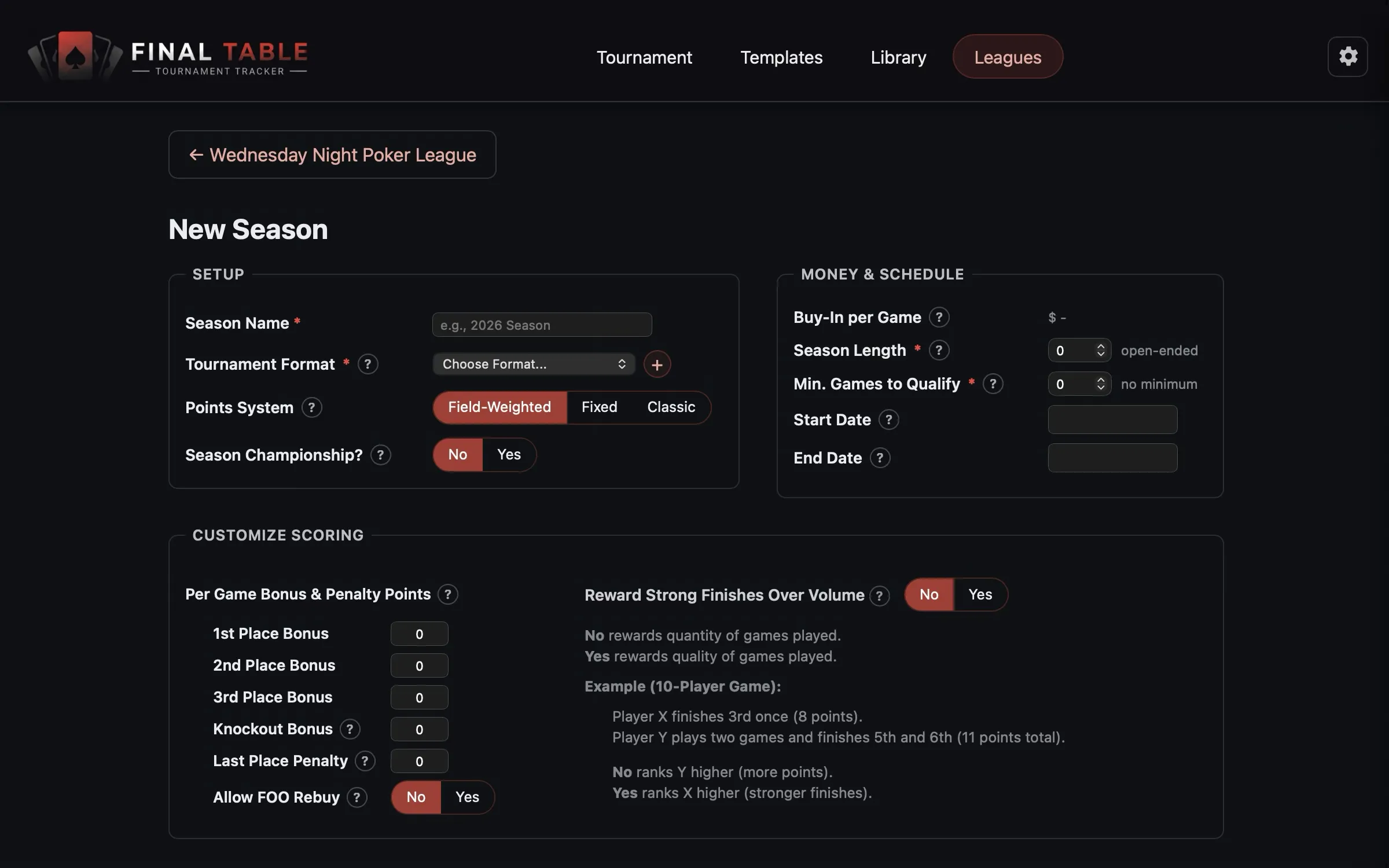 League Season Setup Screen w/Field Weighted Points