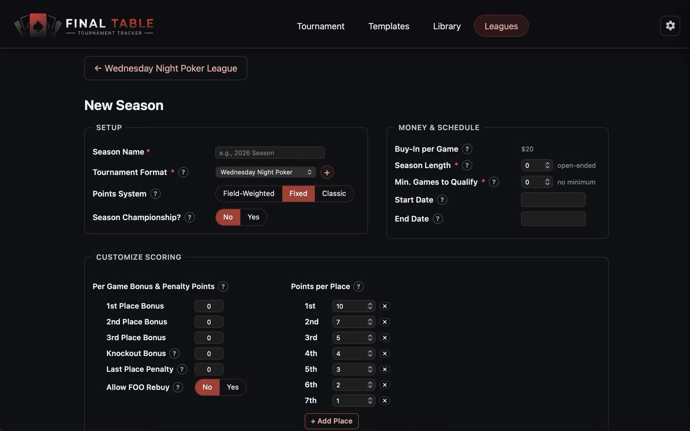 Season Setup w/Fixed Points