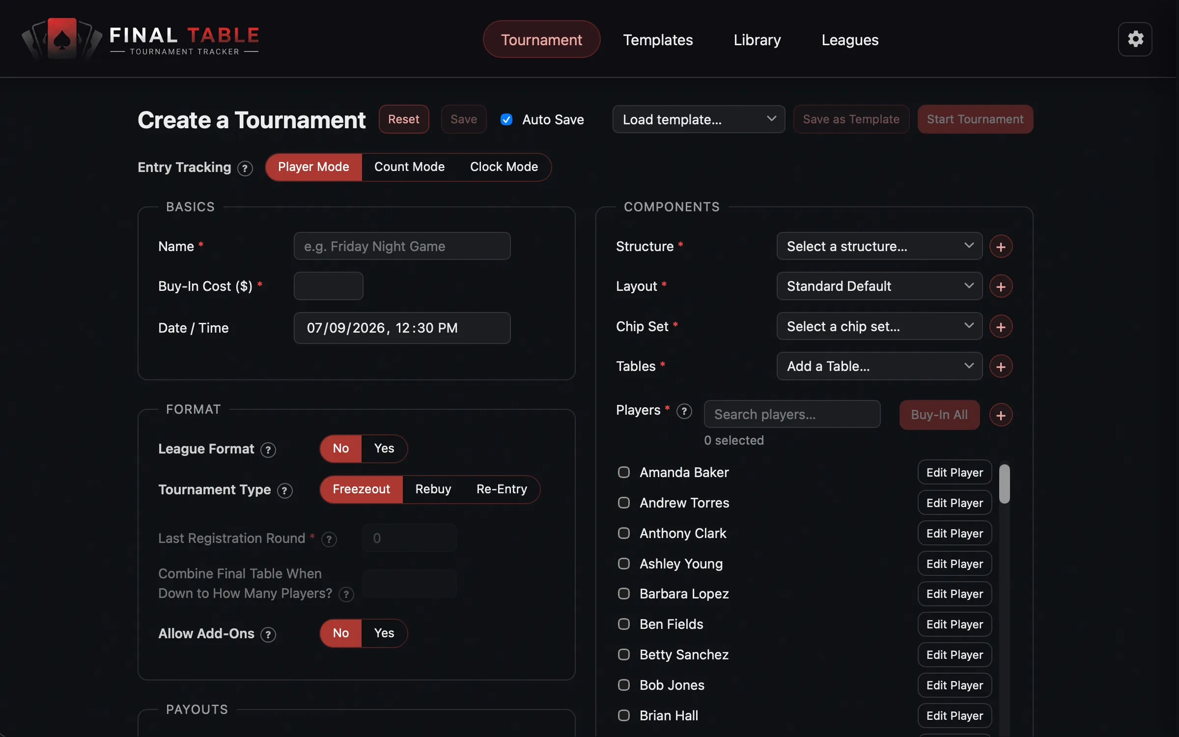 New Tournament Setup Screen Player Mode 01
