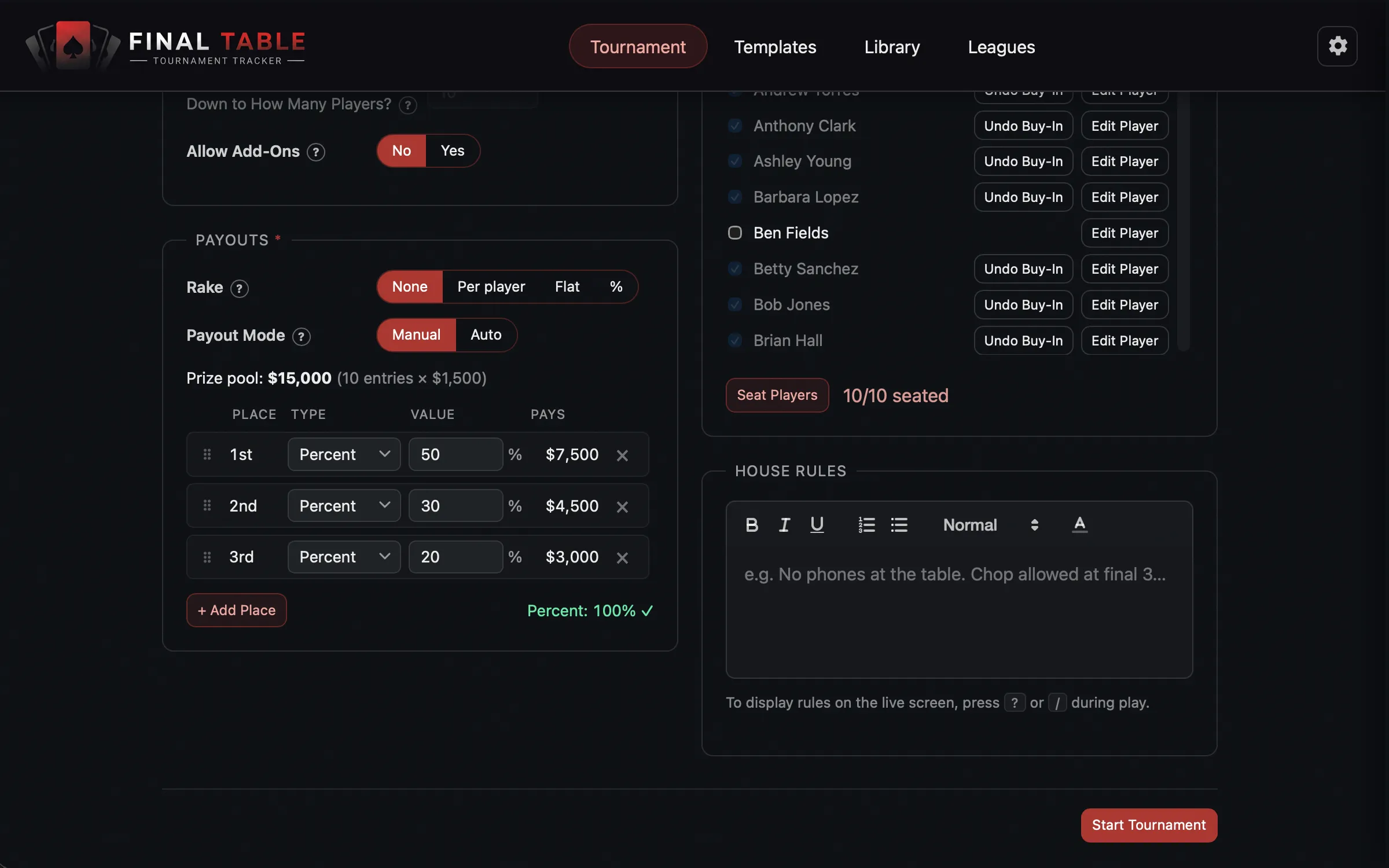 Tournament Setup Manual Payouts