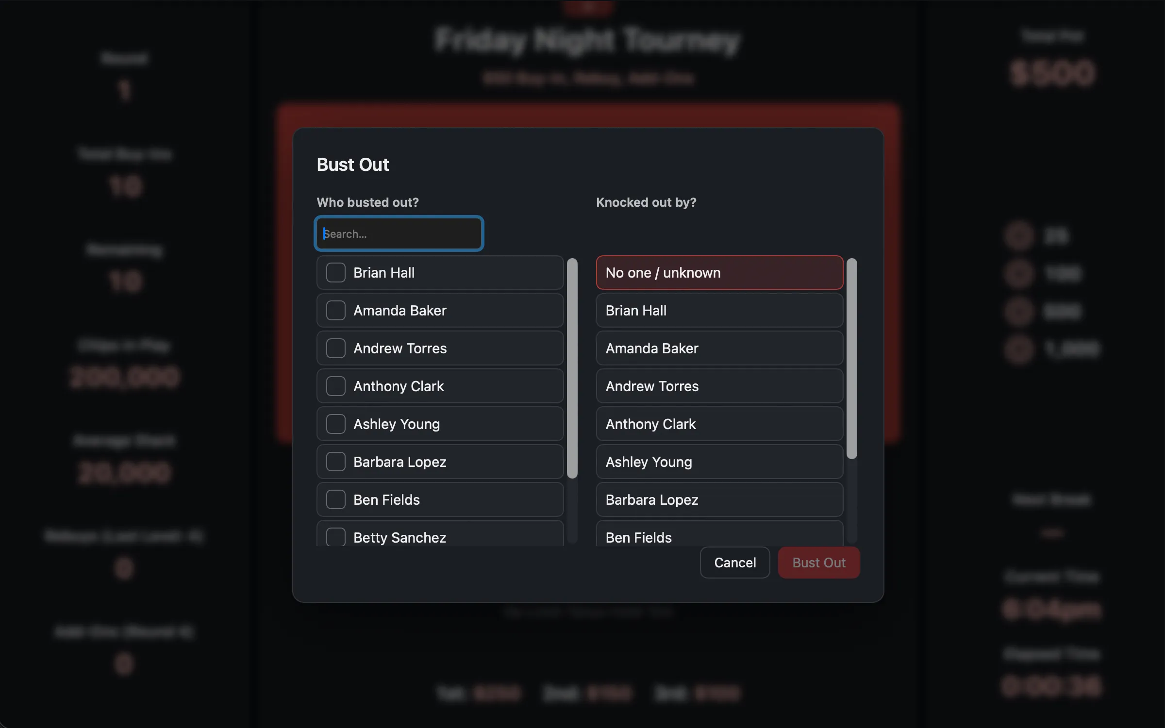 Live Tournament Bust Out and Rebuy