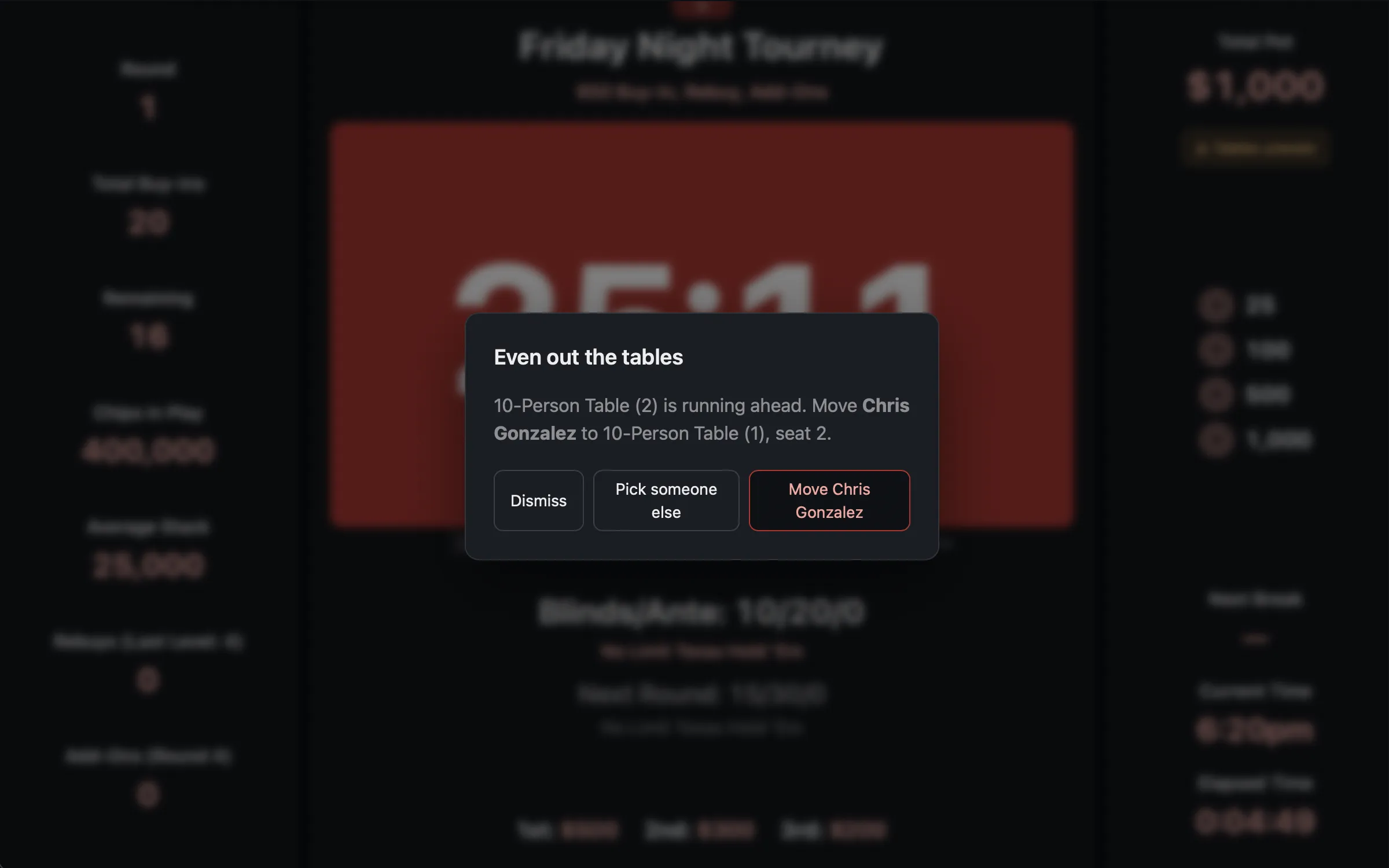 Live Tournament Auto Suggest Table Movement to Uneven Table