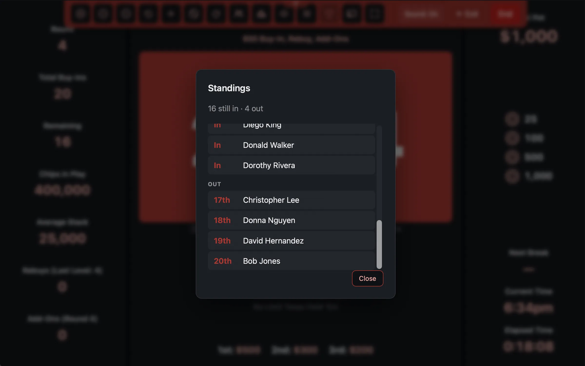 Live Tournament View Current Standings