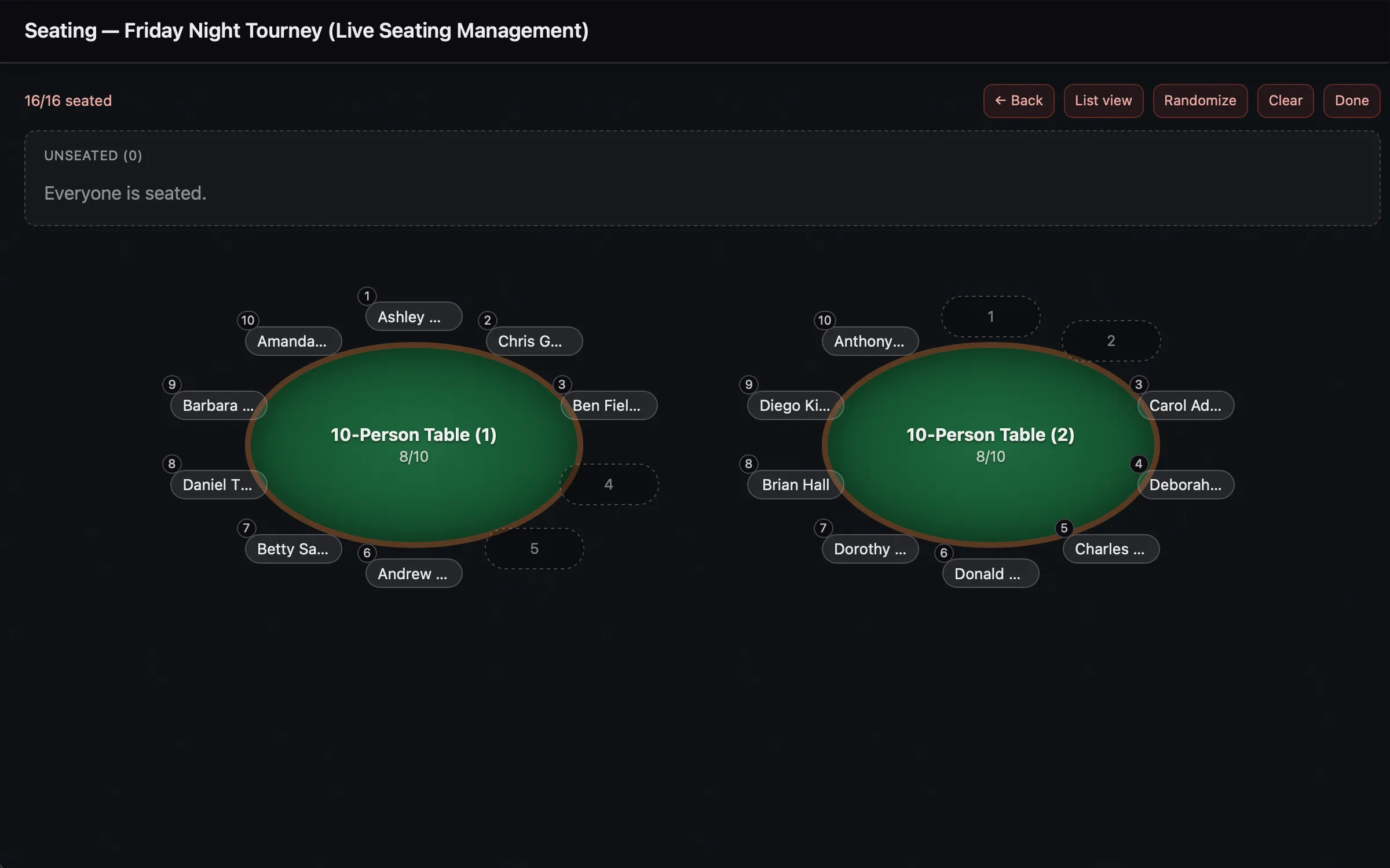 Live Tournament In‑Game Seating Management