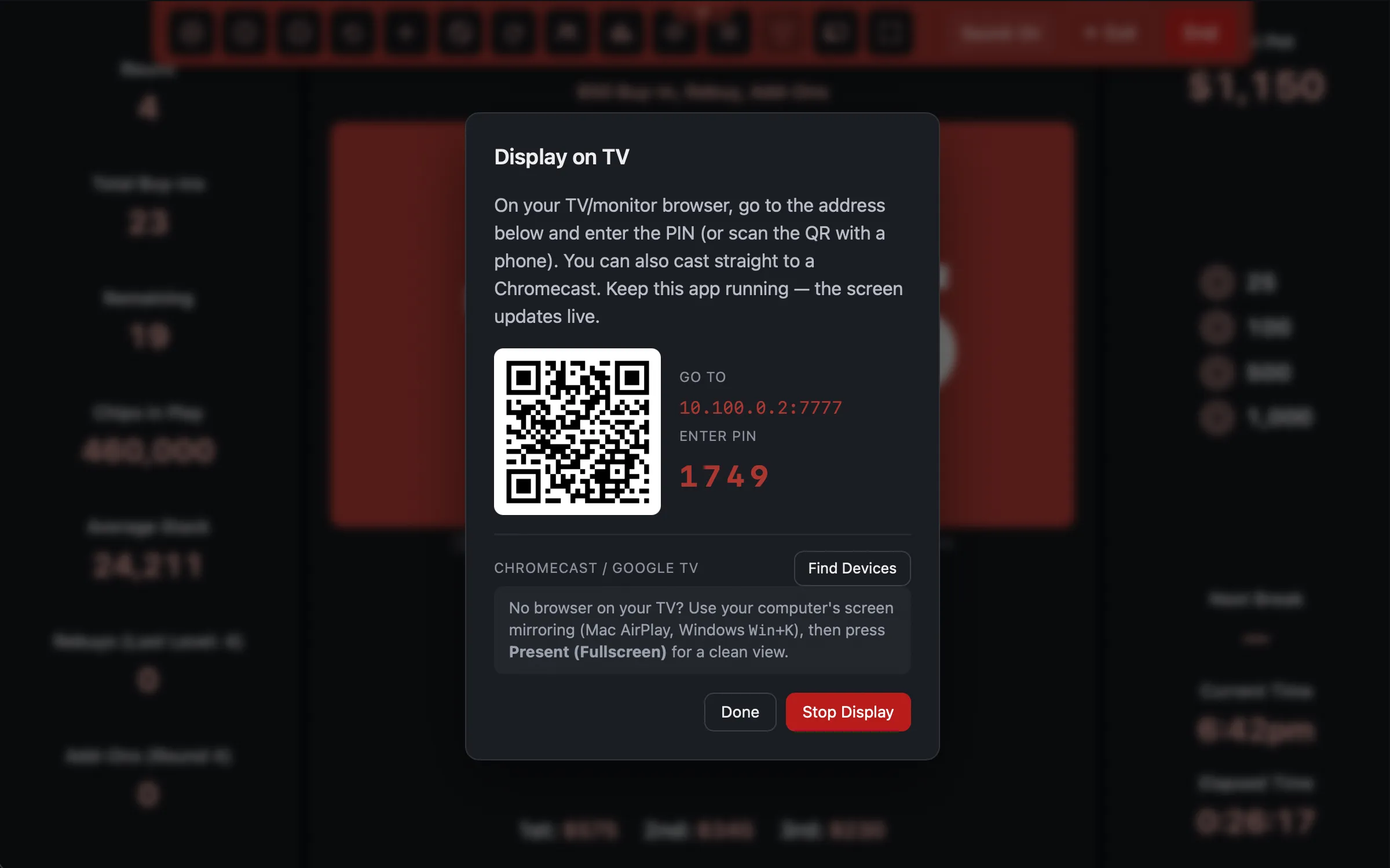 Live Tournament Cast to or Display on Device
