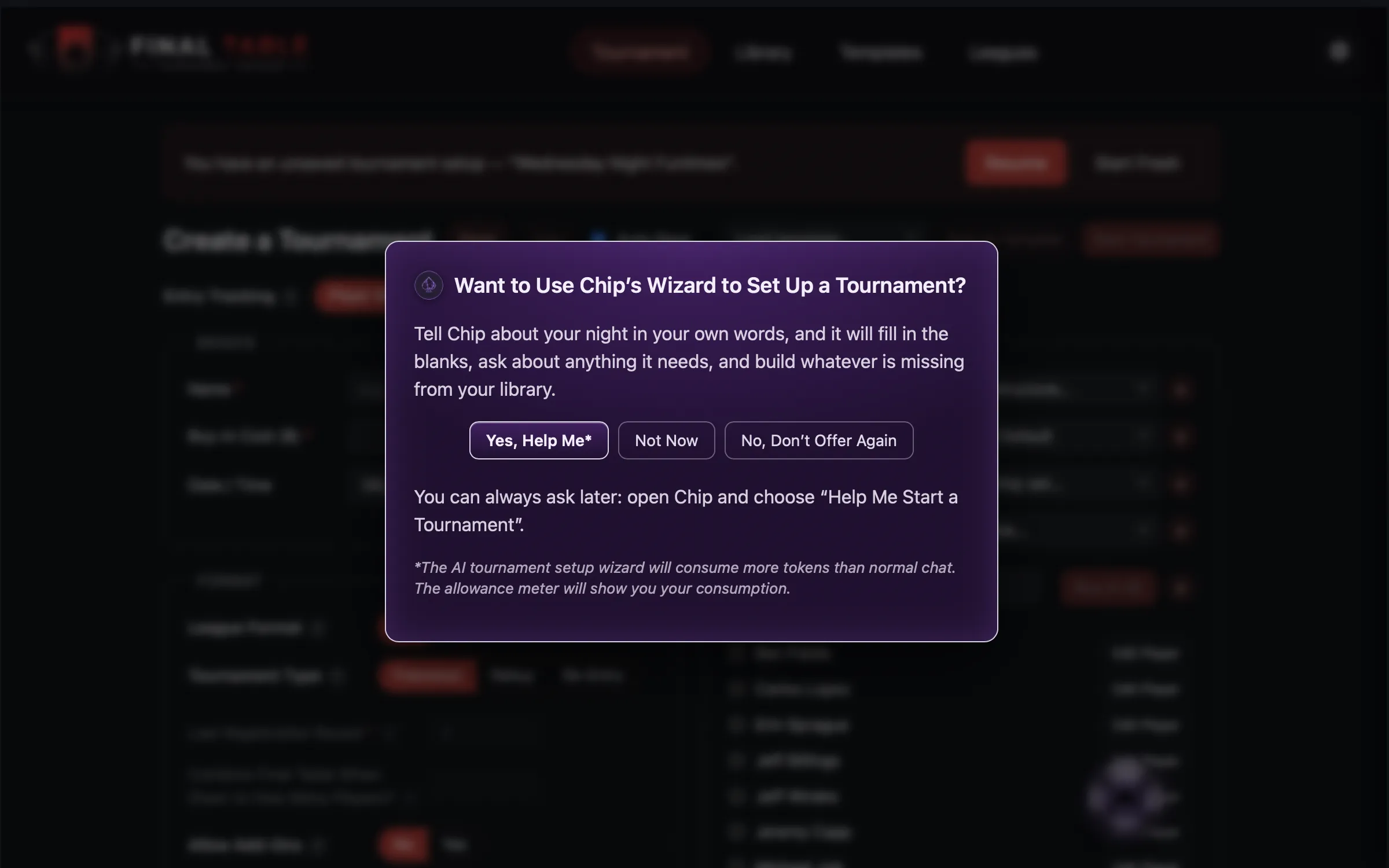 Chip Tournament Setup Offer
